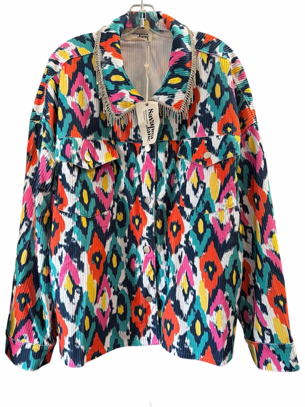 Savanna Jane Rhinestone Fringe Corduroy Ikat Jacket Plus Size 3X Western Glam